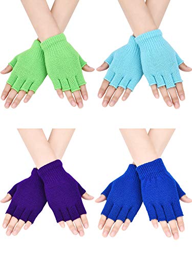 Bememo fingerlose Strickhandschuhe für Jungen und Mädchen, einfarbig, 4 Paar Gr. Medium, Lila, Grün, Königsblau, Himmelblau.