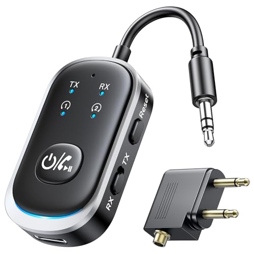 Mohard 2 in 1 Bluetooth Transmitter & Empfänger, AUX Bluetooth Adapter Klinke 3.5mm für Auto/TV/Stereoanlage, 5.3 Flugzeug Bluetooth Sender Bluetooth Splitter Patchkabel-Adapter für 2 Kopfhörer