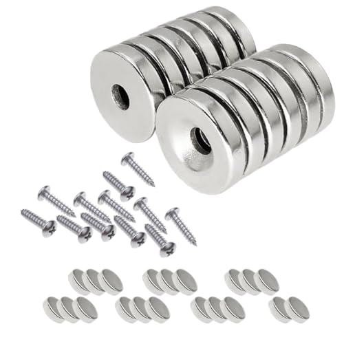 32Stk Neodym Magnete Extra Stark Set, Multifunktions Senkkopf Rundmagne Topfmagnet, Permanente Seltene Erde Magnete mit 12 Schrauben, Orbicular Magnet zum Anschrauben für Badezimmer Küchen(5mm/10mm)