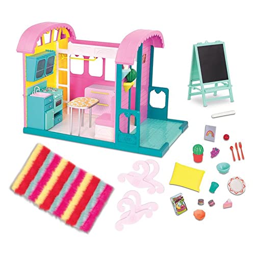 Glitter Girls Puppenhaus mit Zubehör – Großes Retro Stil Haus 64 cm mit Küche, Bett, Terrasse, Geschirr – Spielzeug für Kinder ab 3 Jahre (24 Teile)