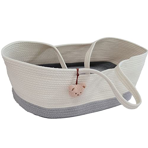 Jowenia Baby Moses Korb Tragbare Bett Handheld, Baumwolle Seil Infant Carrycot Bettwäsche Baby Schlafsack für Outdoor Reise Auto, Grau und Weiß