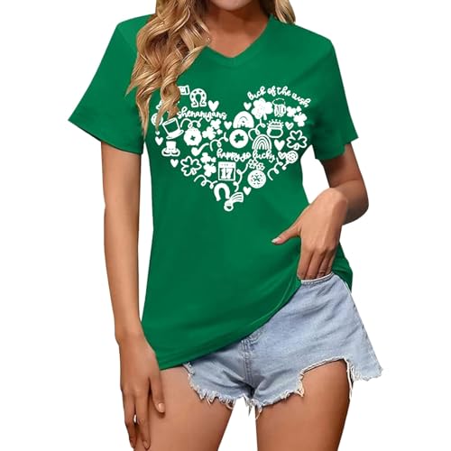 Damen T-Shirt mit V-Ausschnitt, lässig, Bedruckt, Buchstaben, kurzärmelig Achselshirts Damen (Green, XL)