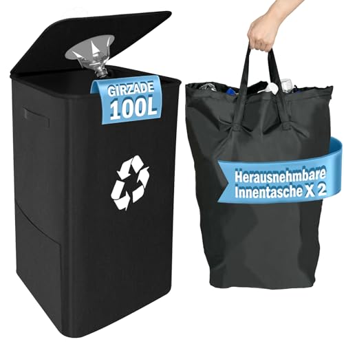 GIRZADE 100L Pfandflaschen-Sammelbehälter mit Deckel – Großer Aufbewahrungsbehälter für Leergut & Altglas, ideal für Küche und Abstellraum (Schwarzer, 100L x2)