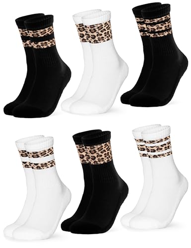 Occulto Damen Leoparden Muster Tennis Socken 6er Pack (Modell: Nala) Schwarz Weiß 39-42