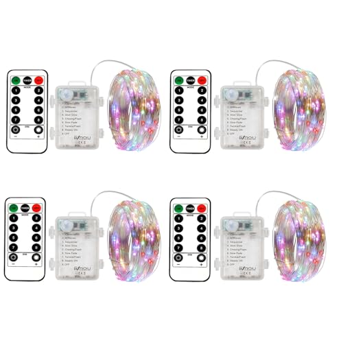 BXROIU 4 x 50er Micro LED Lichterkette Batterie 8 Modi, mit Fernbedienung Timer,auf 5Meter Silberdraht für Party, Garten, Weihnachten, Halloween, Hochzeit und zur dekorativen(Mehrfarbig)