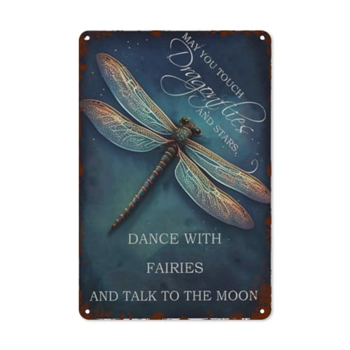 Metallschild mit Libelle und Sternen, rustikale Blech-Wanddekoration mit Feen und Mond, Vintage-Boho-Stil für Garten, Bad und Esszimmer, realistischer und einzigartiger Druck, 20,3 x 30,5 cm
