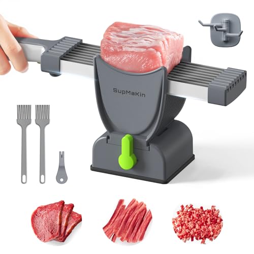 Fleischschneider für den Heimgebrauch, dick, verstellbar 2 oder 4 mm, 17-in-1 Edelstahl, manueller Fleischschneider, Hackmesser, Trockenschneider, Anzug für Hühnerbrust, Rind, Schweinefleisch (grau)
