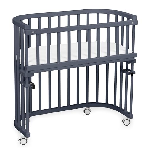 babybay Original Beistellbett aus massivem Buchenholz/kompakt & verwandelbar/Kinderbett Höhe stufenlos verstellbar/mitwachsendes Babybett (schiefergrau lackiert) / inkl. Matratze, Gitter, Rollen