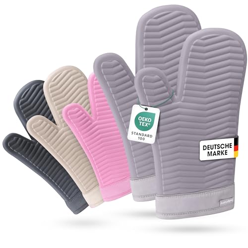 Bellphany Premium Silikon Ofenhandschuhe Paar - Design Topfhandschuhe zum Kochen & Backen, Backofenhandschuhe hitzebeständig bis 250°C, Grau