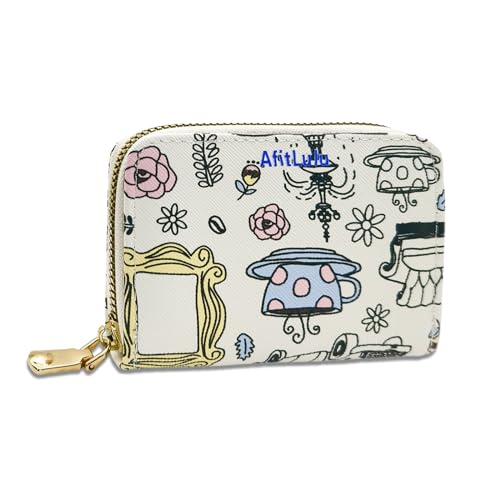 AfitLulu Kleine Geldbörse Damen Leder-PU Karten Portemonnaie Damen mit Reißverschluss und Blumenmuster, Akkordeon-Stil Geldbeutel Damen Karten Etui mit 9 Kartensteckplätze und 2 Abteile (Weiß)