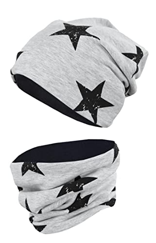 TupTam Unisex Kinder Beanie Mütze Schlauchschal Set, Farbe: Sterne Schwarz/Grau Meliert, Größe: 56-58