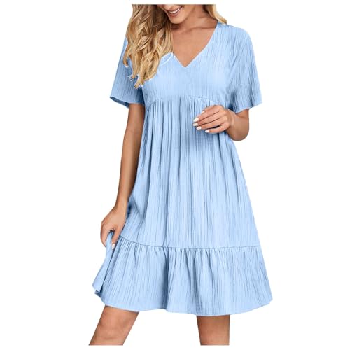 KOG Sommerkleider Damen Sommerkleid 2025 Blusenkleid Einfarbig Frauen Leichte Kleidung Angebote Blusenkleider Lang Frau Kleid Umstandskleidung Baumwolle Kleider Hochzeitsgast Prime Hellblau 4XL