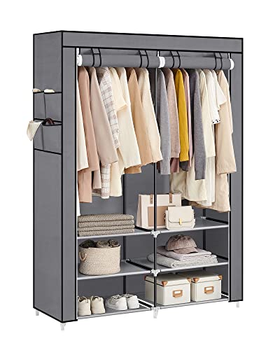 SONGMICS Stoffschrank, Kleiderschrank, 45 x 127 x 176 cm, 2 Hängefächer, mit Ablagen, 4 Seitentaschen, viel Platz, für Schlafzimmer, Wohnzimmer, grau RYG008G02