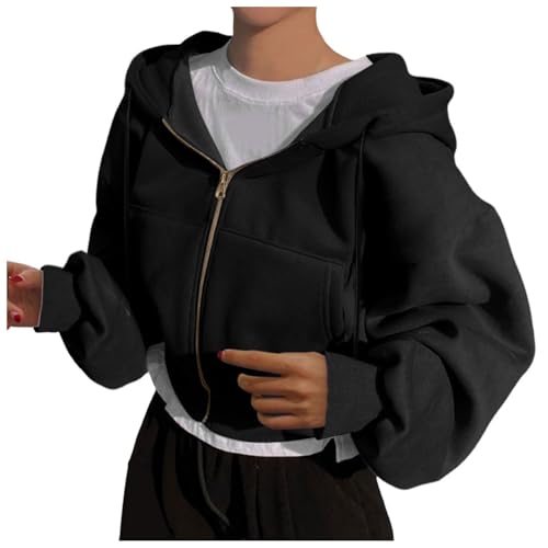 Generisch 2025 Damen Kapuzenpullover mit Reißverschluss und Tasche, langärmelig Bomberjacke Mit Damen (Black, S)