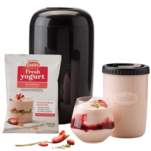 EasiYo Joghurtbereiter Starter-Set Schwarz 1 kg | Inklusive EasiYo Erdbeer-Joghurtbeutel