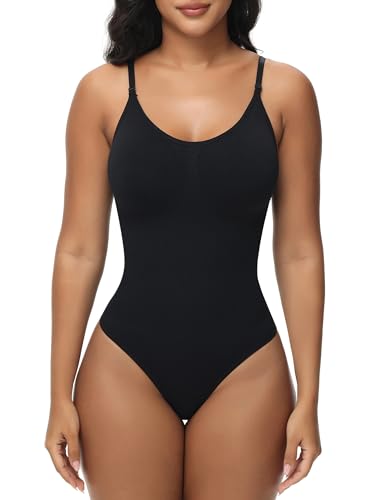 Breampot Shapewear Damen Bauchweg Bodysuit Formender Vielseitige Body Shper Frauen atmungsaktiven Materialien mit Verstellbarer Schultergurt (L/XL, Tanga-Schwarz)