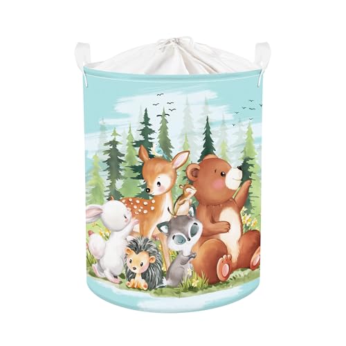 Clastyle Tannenwald Wildtiere Kinder Wäschekorb mit Henkel Faltbar Kleidung Spielzeug Aufbewahrungskorb Jungen Mädchen Aufbewahrungsbox für Babyzimmer Bad, Bär Hirsche, 36 * 45 cm