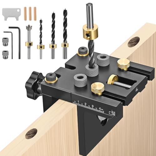 comeder 6/8/10/15 mm Bohrschablone Möbelbau, 3-in-1 Holzdübel Schablone Taschenloch Jig Kit für Holzbearbeitung Exakte Dübellöcher mit Positionierungsclip Einstellbare Bohrführung Stanzer-Locator