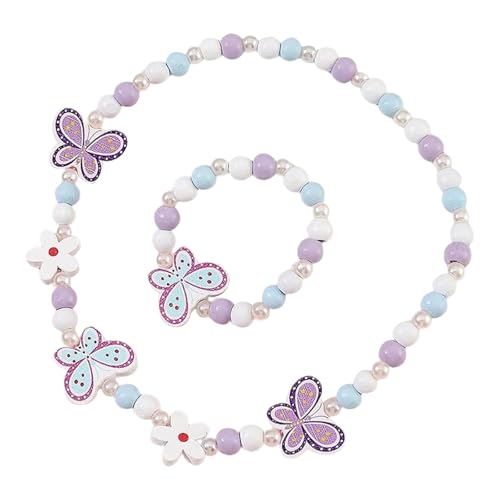 Souvik 2 teiliges Kinderschmuck Set Holz Halskette und Armband für Mädchen Schmückendes Schmuckset für Kinder mit Schmetterlings und Blumenperlen für Geburtstag oder Alltag Blaulila