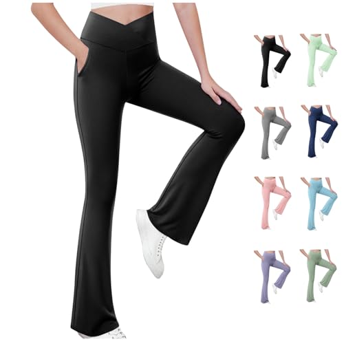 KODMNSW Sporthose Mädchen Leggings Schlaghose Yogahose Flared Leggings Schlag Hosen mit Taschen Sportleggings Freizeit Laufhose für Teenager Mädchen 5-15 Jahre Schwarz 15 Jahre