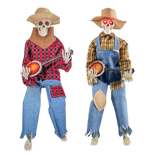 Afenau Halloween Animierte Banjo-Skelette, 2 stück Halloween Skelett mit Aktivierter Licht, Retro Halloween Deko Outdoor Skelett, Cowboy-Totenkopf-Statue für Halloween Bar Weihnachtsfeiertag Party