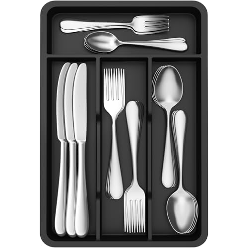 Lifewit kleiner Besteckkasten für Schubladen, 4 Fächern Besteck Organizer, 19,8 x 31,5 cm Schublade Organizer Küche, Besteckeinsatz Utensilienhalter aus Kunststoff für Löffe/Gabeln/Messer, Schwarz