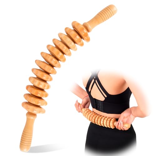 TaoTazon Faszienrolle Holz, Premium Faszienstab mit Griff, Massageroller für Körperformung, Anti Cellulite, Massageholz für Rücken, Nacken, Beine, Rücken