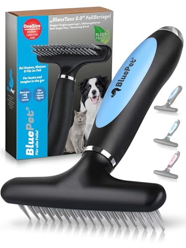 BluePet 2.0 Fellentwirrer Entfilzer für Langhaar Hunde & Katzen I Hochwertiger Hundestriegel mit zwei Reihen Pins I Löst Knoten, Verfilzungen & Unterwolle I Unterwollrechen Glättet & Entwirrt