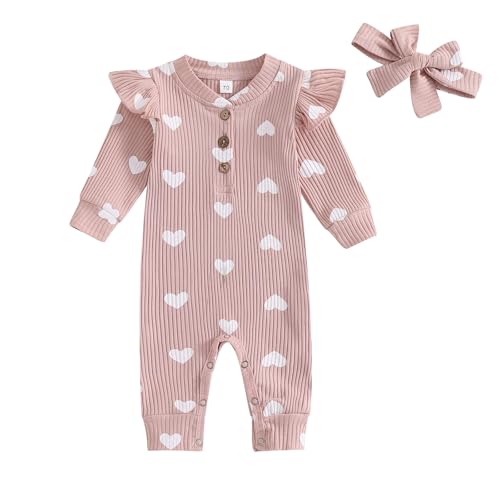 Geagodelia Baby Mädchen Strampler Overall Herz Bogen Outfit Kleidung Babykleidung Schlafstrampler Neugeborene Weiche Jumpsuit Babystrampler Valentinstag (Herz - Pink, 3-6 Monate)