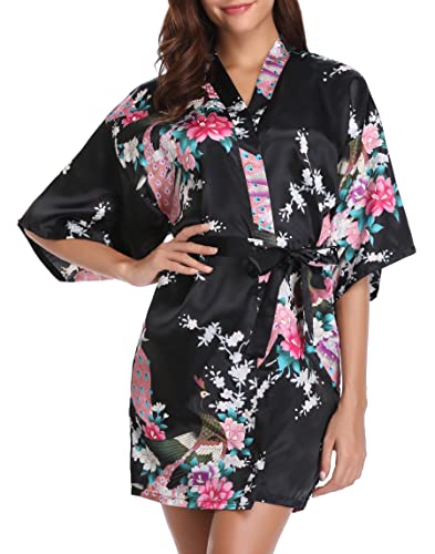 Vlazom Kimono Satin Robe Morgenmantel Kurz V-Ausschnitt Bademantel mit Gürtel Kimono Robe für Damen(L,Schwarz
