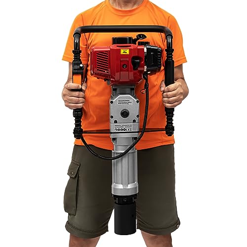 Pfahlramme, 2 Takt 1900W Benzin Pfahlramme mit 2-Pfosten-Antriebskopf 55mm/70mm, 6500r/min, Luftkühlung, 52CC Rammgerät für Sämling, Gemüseanbau