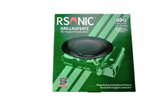 RSonic tragbarer Grillplatte Rund, Guss Antihaft | BBQ Grillaufsatz | Grill Platte | auch für tragbarer Campingkocher | aus Alu | Durchmesser 32cm | Schwarz | Camping-Kochgeschirr