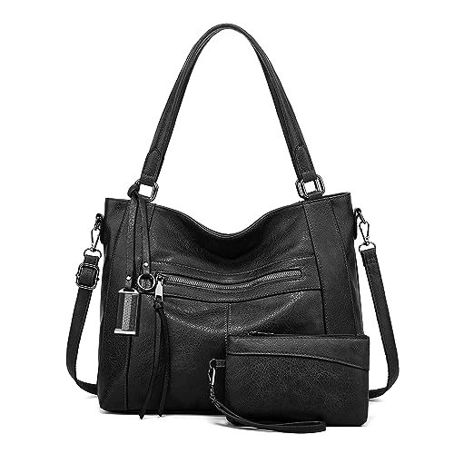 BAIGIO 2-teilige Handtasche Damen Umhängetasche Mittelgroß Shopper Tasche PU Leder Crossbody Tote Bag Set Schultertasche Damentaschen Henkeltaschen Tragetasche mit Geldbörse Reißverschluss, Schwarz