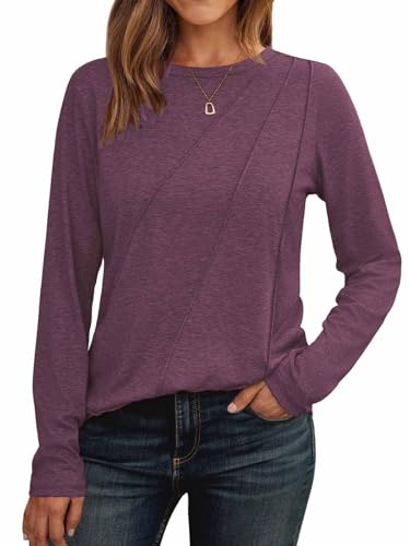 Cuptacc Langarmshirt Damen Rundhalsausschnitt Oberteile Mit Falten Lange Pullover Shirt Elegant Weinrot,Groß XXL 50