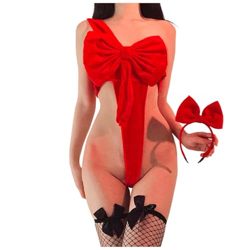Dessous Damen Sexy Unterwäsche Push Up BH Sexy Erwear Damen Weihnachten Dessous Bodystocking Damen Set Unterwäsche Netz Durchsichtiges Ouvert Bodysuit Catsuit Nachtwäsche (1-11-Rot, One Size)