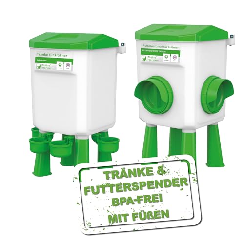 MeineHennen Futterautomat 4 Kg und Wasserspender 8 L für Hühner - abnehmbare Füße kurz und lang - hygienischer Futterspender und Geflügeltränke/Tränke im Set - BPA-Frei
