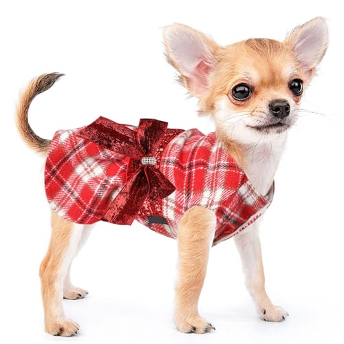 Hundepullover für kleine Hunde, Mädchen, kleine Hunde, Silvester, Hundepullover, Welpenkleidung, Prinzessinnen-Kleid, kariertes Kleid, Haustier-Urlaub, Festival, Kleidung, Größe S, Rot, 2,7–4,1 kg
