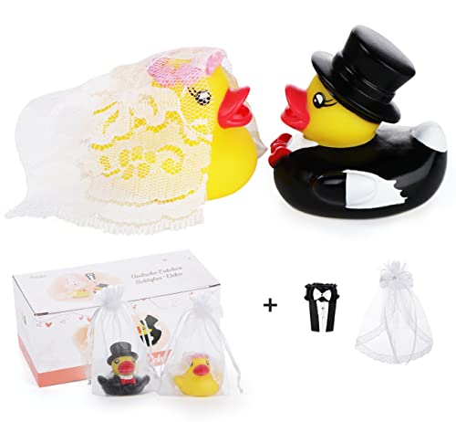 Adorfine Ente Hochzeitspaar Quietsche Entchen Hochzeitsenten mit Glas Hochzeit Sektglas Deko-Kleidung für Hochzeitsgeschenk Partydekoration（2 Paar）