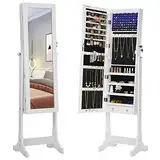 SONGMICS LED Beleuchtung Schmuckschrank, mit Spiegel, 4 Ablagen und 2 kleinen Schubladen, abschließbar JBC94W