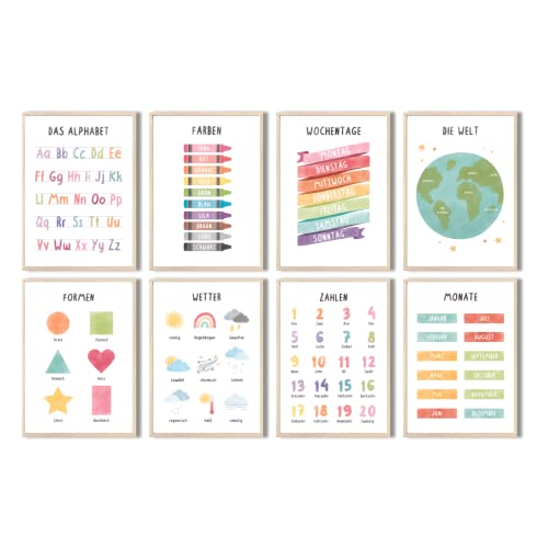 MeinBaby123® pädagogische Lernplakate Lernposter | Bilder Kinderzimmer | 8er Set A4 Poster Set | Alphabet ABC, Zahlen | Vorschule, Grundschule | Wandposter Premium (Lernposter - 8ter Set)