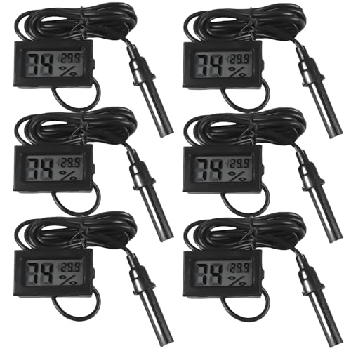 Vaileal 6 Stück Mini LCD Digital Thermometer Hygrometer, Eingebettetes Mini LCD Thermometer mit Fühler und 1.5m Kabel, Reptilien Temperatur Luftfeuchtigkeitsmesser für Reptilien, Inkubator, Aquarium