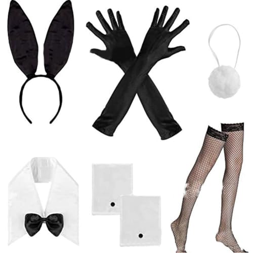 GDFJBG Hasenohren Haarreif Set, Hasen Ohren Haarreifen Plüsch Hasenohren Stirnband Haarbänder Fliege Schwanz, Kaninchenohren Haarreif Ostern Bunny Kostüm Cosplay Party Kinder Erwachsene (BLACK)