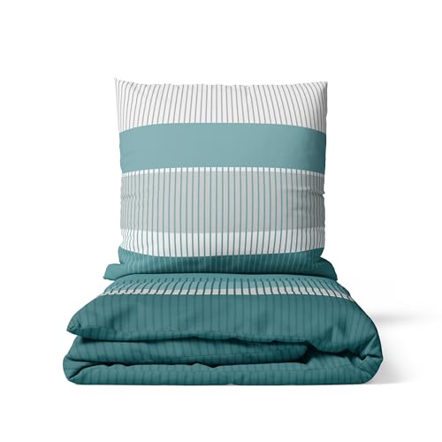 LARAWELL Bettwäsche 135x200 grau grün blau gestreift, Bettwäsche-Sets, kuschelweich, hypoallergen, bügelfrei Premium