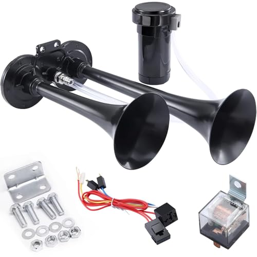 Lotvic 12V LKW Hupe, Druckluft Horn Hupe, Air Horn Kit, Laut Kompressor Fanfare, Super Laut Doppelrohr-Elektropumpe mit Metallverbund Lufthorn für alle 12V Auto LKW Züge Boote Cars Vans