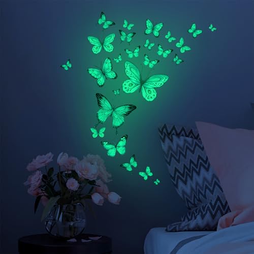 ALEGRE® 25 Stück Wandtattoo Schmetterlinge Leuchtend, Wandtattoo Leuchtend Schmetterling Wandaufkleber, Schmetterlinge Deko Wandsticker, Schmetterling Leuchtsticker für Kinderzimmer Schlafzimmer