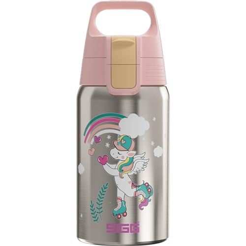 SIGG - Edelstahl Trinkflasche Kinder - Shield One Uni Skate - Für Kohlensäurehaltige Getränke Geeignet - Auslaufsicher - Federleicht - BPA-frei - Sport & Schule - Alu & Hellpink mit Einhorn - 0,5L