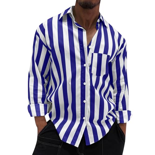 Generisch Hemden Herren Langarm, Freizeithemd Regular Fit Gestreifte Business Oberhemd Button Down Schwarz Cord (4XL, Blau)