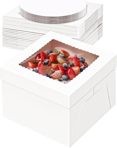 Tlczrva Tortenkarton,5er-PackTortenbox Set, Kuchenbox,Tortentransportbox，weiße Tortenschachtel mit Fenster und 5 Kuchenrunde Bretter, Kuchenkarton für Torten, Gebäck（30.5 * 30.5 * 20.3cm）