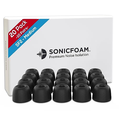 SONICFOAM Memory-Schaum-Ohrhörer-Aufsätze – Prämie Geräuschisolierung, Ersatz-Ohrhöreraufsätze aus Schaumstoff, 20 Stück für In-Ear-Kopfhörer (SF2 Mittel, Schwarz)