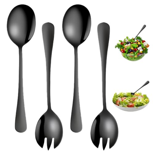 4 Stück Salatbesteck Schwarz, Salatbesteck Set 2 Stück Salatlöffel und 2 Stück Salatgabel, Poliert und Geschliffen Antihaftbeschichtet Edelstahl Salat Server Set für Restaurant, Haus, Hotel, Picknick